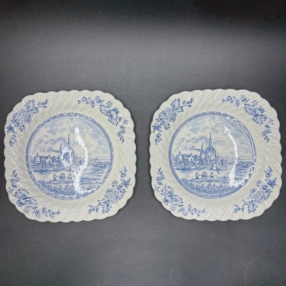 VTG Johnson Bros Tulip Time Porcelain‎ Square Salad Plates 2 England Windmill